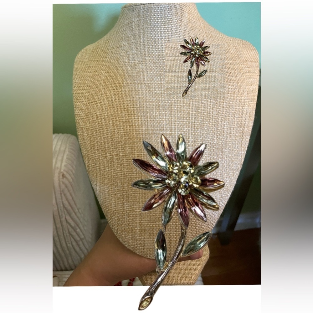 Gold-Tone Pink and Light Green Crystal Flower Brooch